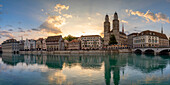 Grossmunster and Limmat River at sunrise, Zurich, Switzerland