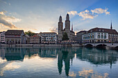 Grossmunster and Limmat River at sunrise, Zurich, Switzerland