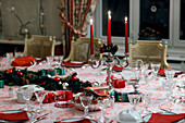 Table set for celebration Christmas dinner in living room, France