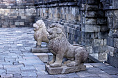 Löwenstatue, Borobudur, Mahayana-Buddhistischer Tempel aus dem 9. Jahrhundert, UNESCO-Welterbe, Java, Indonesien