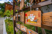 View of ema (small wooden plaques), Nishikubo Hachiman Shinto Shrine, 5 Chome, Toranomon, Minato City, Tokyo, Honshu, Japan