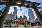 Nishikubo Hachiman Shinto-Schrein und Hochhäuser durch das Torii-Tor des Schreins, 5 Chome, Toranomon, Minato City, Tokio, Honshu, Japan