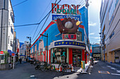 View of colourful shops and buildings in Asakusa, Taito City, Tokyo, Honshu, Japan