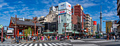 View of Kaminarimon, colourful shops and buildings and Tokyo Skytree, Asakusa, Taito City, Tokyo, Honshu, Japan