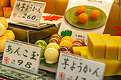 View of traditional Japanese sweets in shop window, Asakusa, Taito City, Tokyo, Honshu, Japan