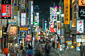 View of Kabukicho neon lit street at night, Shinjuku City, Kabukicho, Tokyo, Honshu, Japan