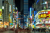 View of Godzilla's head and Kabukicho neon lit street at night, Shinjuku City, Kabukicho, Tokyo, Honshu, Japan