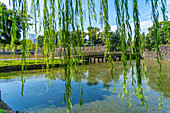 View of reflections in Wadakura Moat on a sunny day, Chiyoda, Tokyo, Honshu, Japan