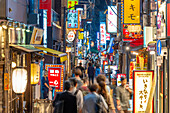 View of neon lights in narrow city street near Tokyo Tower at night, Minato City, Tokyo, Honshu, Japan