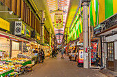 View of stalls and shop in Omicho Market, Kanazawa City, Ishikawa Prefecture, Honshu, Japan