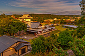 View of Hashizume-mon Gate and garden at sunset, Kanazawa Castle, Kanazawa City, Ishikawa Prefecture, Honshu, Japan