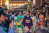 View of young ladies wearing Kimonos in the Higashi Chaya District, Kanazawa City, Ishikawa Prefecture, Honshu, Japan