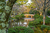 View of Hanami-Bashi (Flower Viewing Bridge) in Kenrokumachi Japanese Garden, Kanazawa City, Ishikawa Prefecture, Honshu, Japan