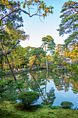 View of Hisago-ike Pond and Yugao-tei (Gourd Tea House) in Kenrokumachi Japanese Garden, Kanazawa City, Ishikawa Prefecture, Honshu, Japan