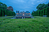 View of the Hiroshima Victims Memorial Cenotaph in the Pond of Peace, Hiroshima Peace Memorial, UNESCO, Hiroshima, Honshu, Japan