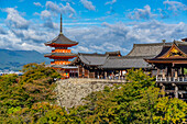 View of Kiyomizu-dera Temple, UNESCO, with city in background, Kiyomizu, Higashiyama Ward, Kyoto, Honshu, Japan