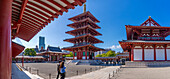 Blick auf Shitenno-ji Gojunoto (fünfstöckige Pagode) und Shitenno-ji Kondo (goldene Halle) an einem sonnigen Tag, Shitennoji, Bezirk Tennoji, Osaka, Honshu, Japan