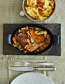 Riesling chicken with autumn mushrooms on tagliatelle with buttered breadcrumbs