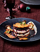 Red cabbage and r�sti tower with Jerusalem artichoke pur�e and king oyster mushrooms