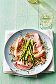Ham carpaccio with marinated green asparagus