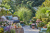 Üppig bepflanzte Terrasse mit Sitzplatz und Rosen, Schafgarbe, Erdbeere, Hortensie, Salbei, Grasnelke,  Lavendel, Rosmarin, Gräser in Töpfen