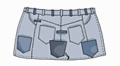 Darstellung eines blauen Jeansrocks mit verschiedenen Taschen und Nähten