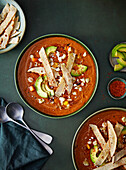 Tortilla soup with hominy white corn, guajillo chilli and queso fresco