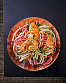 Vegetable spaghetti with prawns