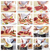 Preparing beef roulades with egg filling