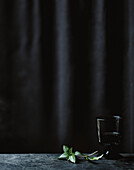 Schwarzer Hintergrund, Thai-Basilikum, Glas