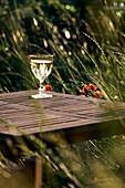 Glass of water on wooden table in the garden