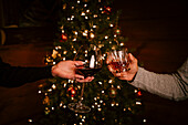 Zwei Personen prosten sich in weihnachtlicher Atmosphäre zu