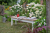 Sitzplatz im Garten vor Beet mit Ballhortensien (Hydrangea arborescens 'Annabelle'), Kugellauch (Allium), Dahlien, Sonnenauge, Eisenkraut