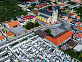 Aerial view of colorful buildings and rooftops with church and cemetery,San Mateowijk,Willemstad,Curacao
