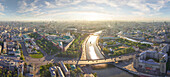 Aerial panoramic view of Moscow downtown with residential areas along the Moskva River at sunrise,Moscow,Moscow Oblast,Russia