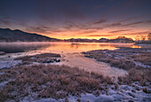 Aerial view of Lake Hibara at sunset,a geothermal and volcanic lake in Bandai-Asahi National Park,Yama District,Fukushima,Japan