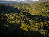 Luftaufnahme eines üppig grünen Tals mit Dorf und Wald, Salento, Kolumbien