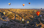 Aerial view of hot air balloons flying over Cappadocia,Turkey