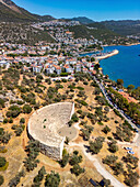 Aerial view of the beautiful harbor and ancient historical theater in the coastal town,Kas,Turkey