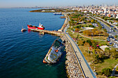 Aerial view of shipwreck and park in Maltepe district on the Marmara Sea coast of the Asian side of Istanbul,Turkey