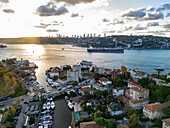 Aerial view of anatolian fortress and rumeli fortress along the bosphorus at sunset,anadolu hisari,istanbul,turkey