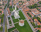 Aerial view of leaning tower of Pisa at sunrise in Italy