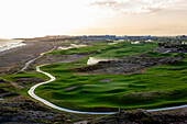 Aerial view of golf course being sprinkled next to the beach on the Mediterranean Sea coast of Belek,Antalya,Turkey