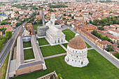 Aerial view of leaning tower of Pisa at sunrise in Italy