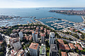Aerial view of Kalamis Marina and high-rise buildings in Fenerbahce district on the Marmara Sea coast of the Asian side of Istanbul,Turkey