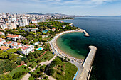 Aerial view of beach and park in Caddebostan district on the Marmara Sea coast of the Asian side of Istanbul,Turkey