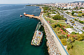 Aerial view of shipwreck and park in Maltepe district on the Marmara Sea coast of the Asian side of Istanbul,Turkey