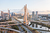 Sao Paulo,Brazil - 07 July 2021: Aerial Top Down View Of Pinheiros River And Cable Stay Bridge Structure During Rush Hour In Central Business District Of Sao Paulo,Brazil