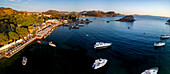 Aerial view of boats and sailboats in Aegean Sea at sunset,Gumusluk,Bodrum,Turkey