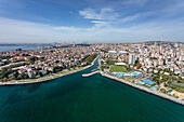 Aerial view of Fenerbahce and Moda districts on the Marmara Sea coast of the Asian side of Istanbul,Turkey